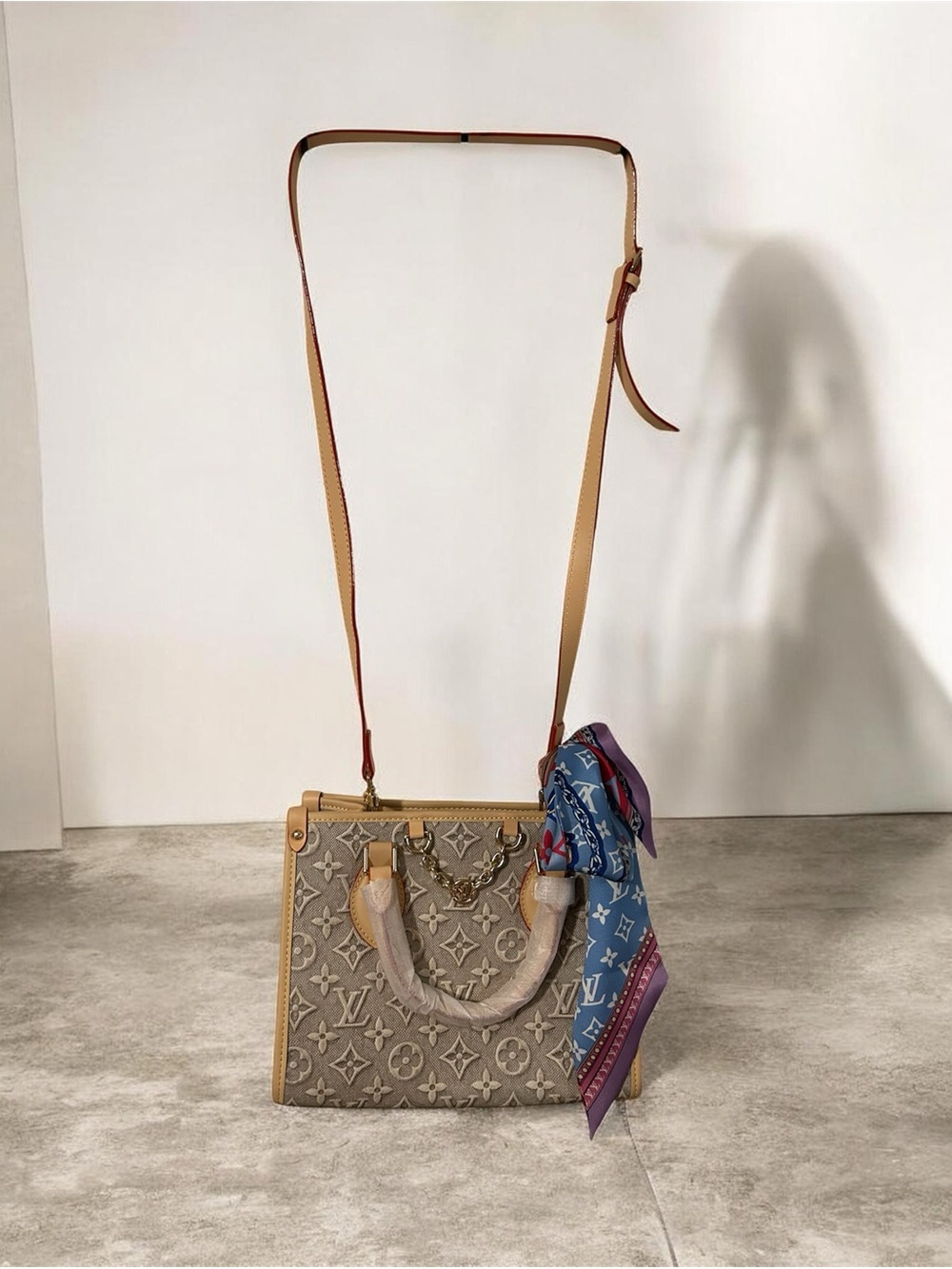 Inspired Beige Monogram Satchel with Multi color scarf, with matching wallet🌟